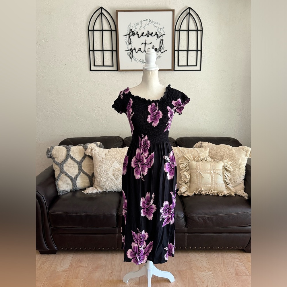 Hawaii Aloha Floral Print Midi Dress Ruched Bodice Beach Summer One Size Retro - Picture 10 of 10